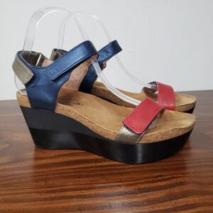 Naot Miracle Cork Wedge Sandal Women's 38 US 7 Red Navy Silver Adjustable Comfy